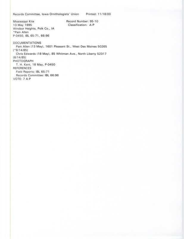 Records Committee review of two Mississippi Kites at Windsor Heights in Polk County, IA on May 13, 1995. Includes one record review document with votes, a photograph, and two documentation forms submitted to the committee.