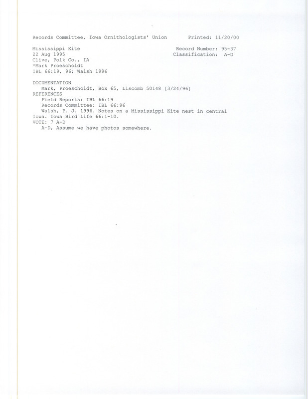 Records Committee review of three Mississippi Kites in the Des Moines Area in Polk County, IA on August 22, 1995. Includes a record review document with votes, an article in Iowa Bird Life and a documentation form submitted to the committee.