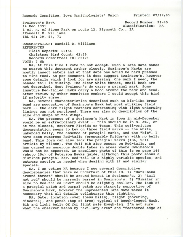 Records Committee review of a Swainson's Hawk at Stone Park in Plymouth County, IA on December 14, 1991. Includes a record review document with votes and a documentation form submitted to the committee.