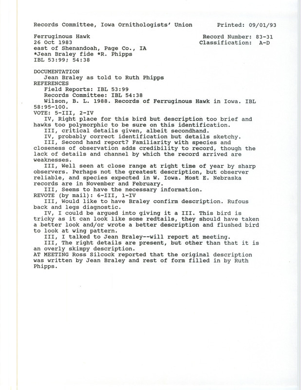 Records Committee review of a Ferruginous Hawk east of Shenandoah in Page County, IA on October 26, 1983. Includes a record review document with votes, an article in Iowa Bird Life, a summary of the review, and a documentation form submitted to the committee.