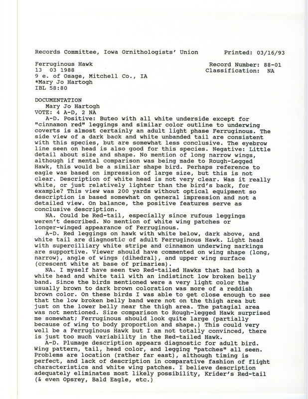 Records Committee review of a Ferruginous Hawk east of Osage in Mitchell County, IA on March 13, 1988. Includes a record review document with votes and a documentation form submitted to the committee.