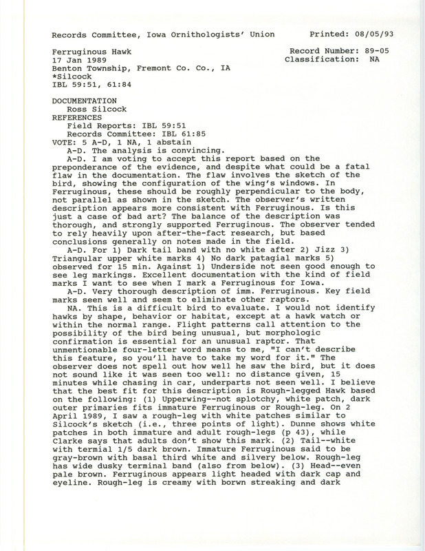 Records Committee review of a Ferruginous Hawk at Benton Township in Fremont County, IA on January 17, 1989. Includes a record review document with votes, field notes of the sighting, and a documentation form submitted to the committee.