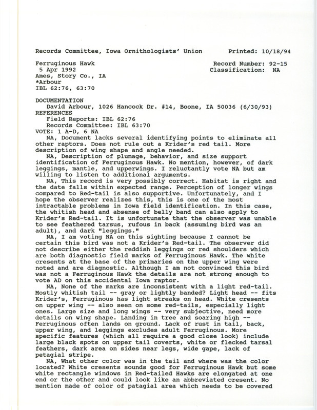 Records Committee review for a Ferruginous Hawk at Ames in Story County, IA on April 5, 1992. Includes a record review document with votes and a documentation form submitted to the committee.