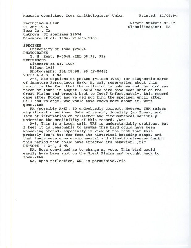 Records Committee review for a Ferruginous Hawk at Iowa County, IA on August 21, 1936. Includes a record review document with votes and the original sighting record found in the publication Records of Ferruginous Hawk in Iowa in Iowa Bird Life 58:95-100 by Barbara L. Wilson.