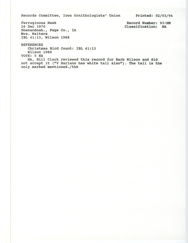 Records Committee review for a Ferruginous Hawk at Shenandoah in Page County, IA on December 26, 1970. Includes a record review document with votes, the original sighting record found in the publication Christmas County in Iowa Bird Life 41:3-15 by John Faaborg seen by Betty Walters, and referenced by another publication.