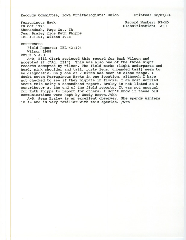 Records Committee review for seven Ferruginous Hawks at Shenandoah in Page County, IA on October 28, 1973. Includes a record review document with votes, the original sighting record found in the publication Field reports in Iowa Bird Life 43:103-106 by Woodward H. Brown reported by Jean Braley to Ruth Phipps, and referenced by another publication.