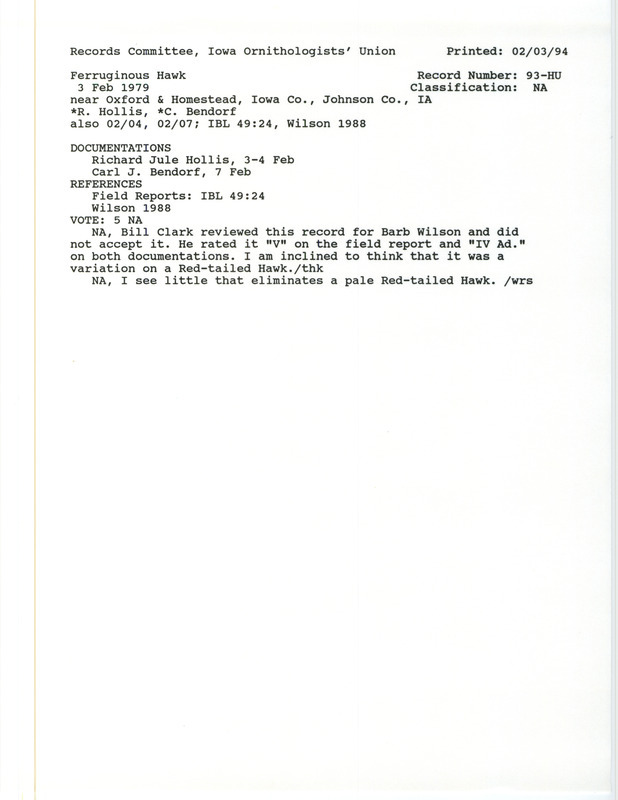 Records Committee review of a Ferruginous Hawk at both Oxford in Johnson County, IA and Homestead in Iowa County, IA on February 3 and 4, 1979. Includes a record review document with votes, two articles in Iowa Bird Life, and two documentation forms submitted to the committee.