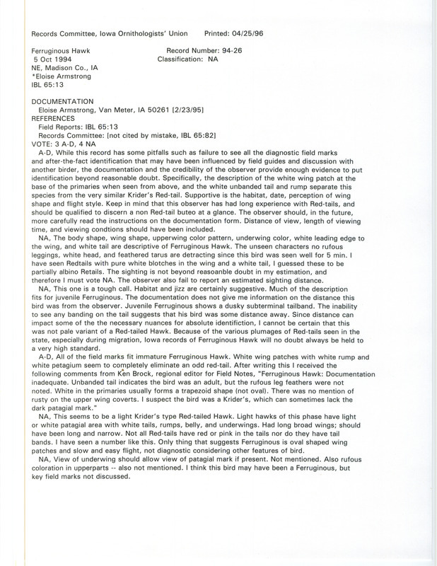 Records Committee review for a Ferruginous Hawk at Lee Township in Madison County, IA on October 5, 1994. Includes a record review document with votes and a documentation form submitted to the committee.