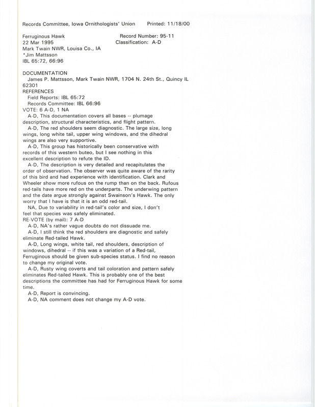 Records Committee review for a Ferruginous Hawk at Port Louisa National Wildlife Refuge in Louisa County, IA on March 22, 1995. Includes a record review document with votes, drawings of the bird, and a documentation form submitted to the committee.