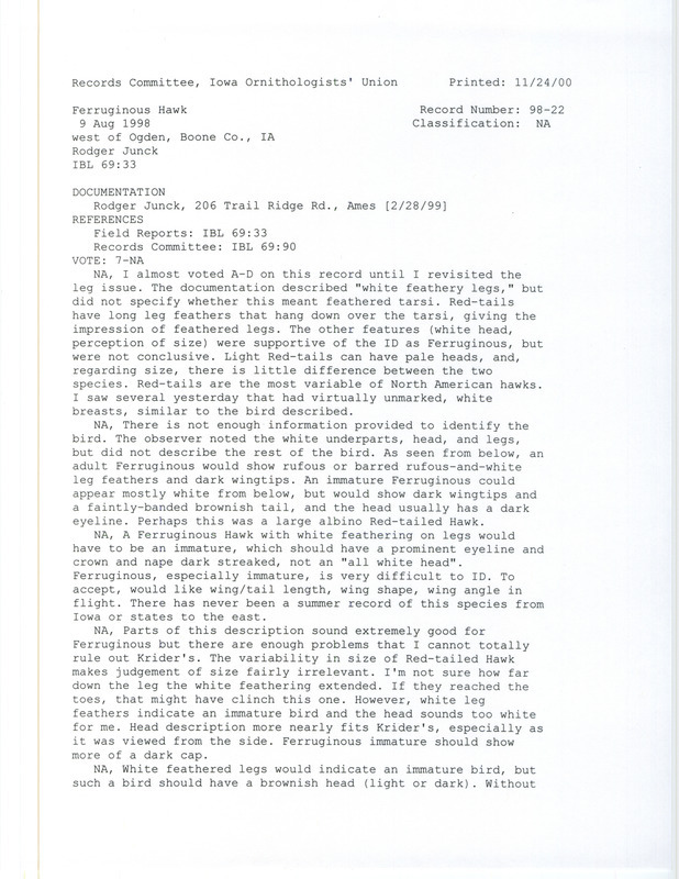 Records Committee review of a Ferruginous Hawk west of Ogden in Boone County, IA on August 9, 1998. Includes a record review document with votes and a documentation form submitted to the committee.