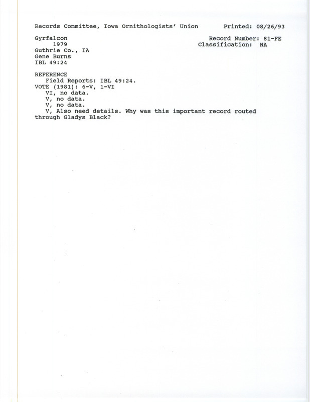 Records Committee review for a Gyrfalcon at Guthrie County, IA on January 17, 1979. Includes a record review document with votes, the original sighting record found in the publication Field Reports in Iowa Bird Life 49:23-26 by N.S. Halmi seen by Gene Burns.