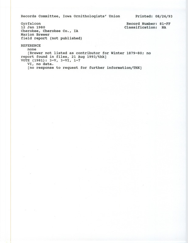 Records Committee review for Gyrfalcons at Cherokee in Cherokee County, IA on January 12, 1980. Includes a record review document with votes.