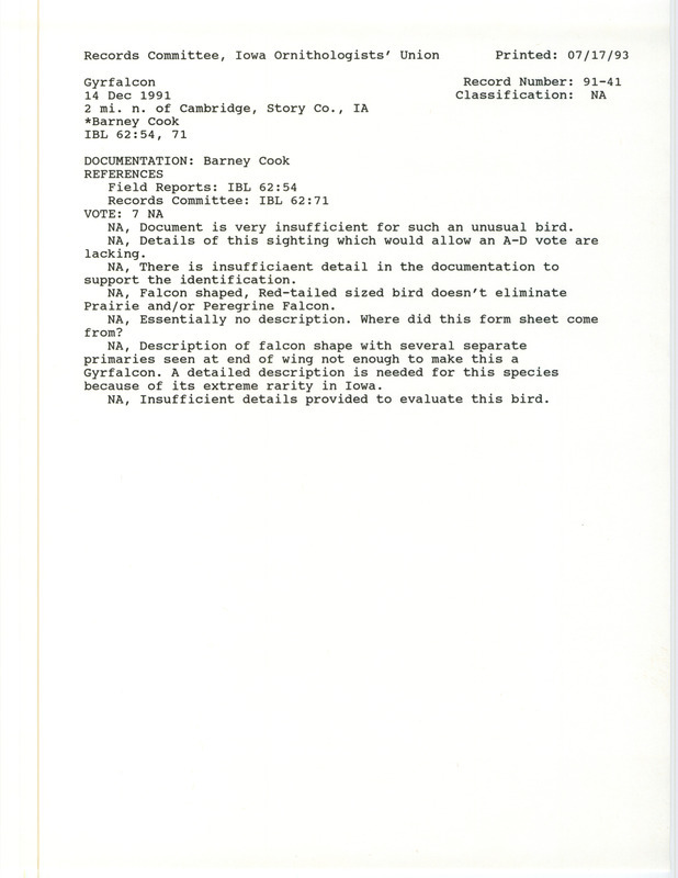 Records Committee review of a Gyrfalcon north of Cambridge in Story County, IA on December 14, 1991. Includes a record review document with votes and a documentation form submitted to the committee.