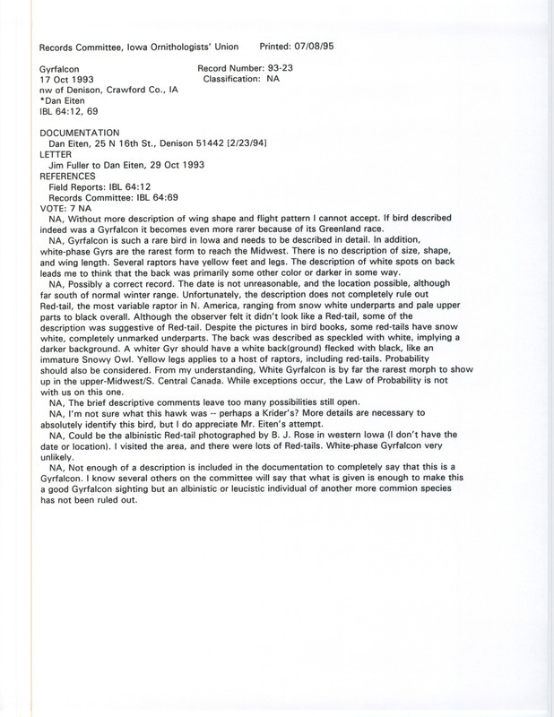 Records Committee review for a Gyrfalcon at Hanover Township in Crawford County, IA on October 17, 1993. Includes a record review document with votes, a letter about reporting the sighting from Jim Fuller to Dan Eiten on October 29, 1993, and a documentation form submitted to the committee.