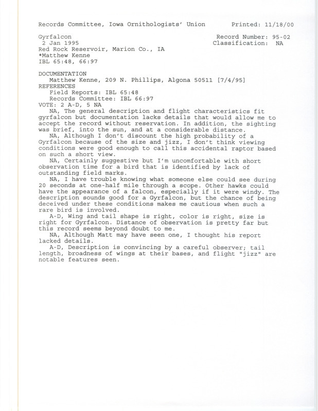 Records Committee review for a Gyrfalcon at Red Rock Reservoir in Marion County, IA on January 2, 1995. Includes a record review document with votes and a documentation form submitted to the committee.