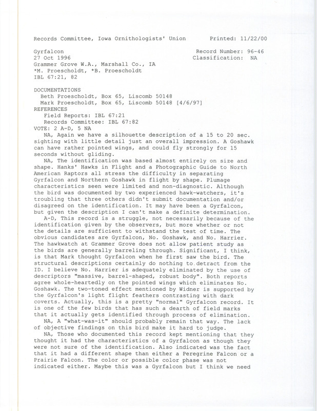 Records Committee review of a Gyrfalcon at Grammer Grove Wildlife Area in Marshall County, IA on October 27, 1996. Includes a record review document with votes and two documentation forms submitted to the committee.