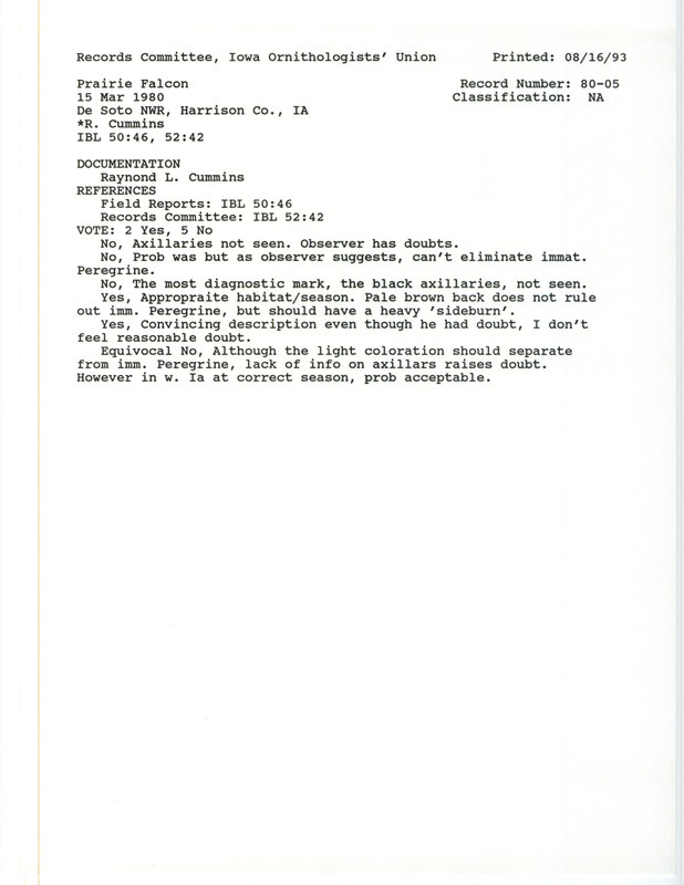 Records Committee review for a Prairie Falcon at De Soto National Wildlife Refuge in Harrison County, IA on March 15, 1980. Includes a record review document with votes and a documentation form submitted to the committee.