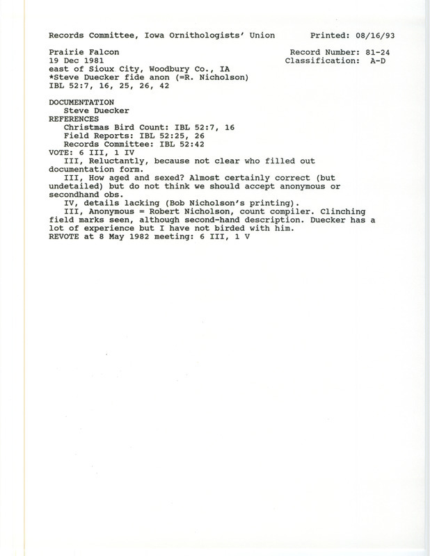 Records Committee review for a Prairie Falcon east of Sioux City in Woodbury County, IA on December 19, 1981. Includes a record review document with votes and a documentation form submitted to the committee.