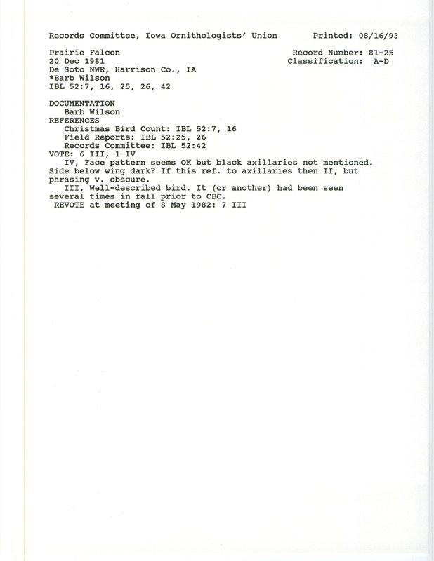 Records Committee review for a Prairie Falcon at De Soto National Wildlife Refuge in Harrison County, IA on December 20, 1981. Includes a record review document with votes and a documentation form submitted to the committee.