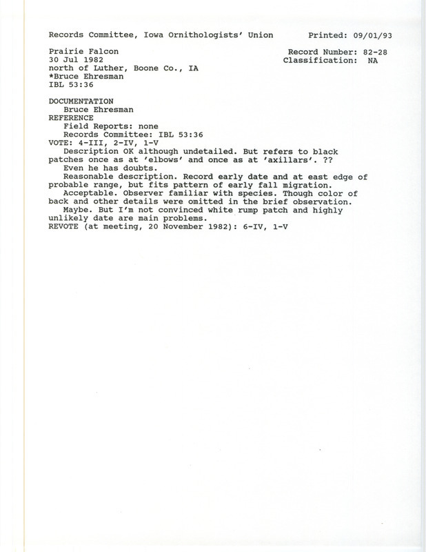 Records Committee review for a Prairie Falcon north of Luther in Boone County, IA on July 30, 1982. Includes a record review document with votes, summary of review, and a documentation form submitted to the committee.