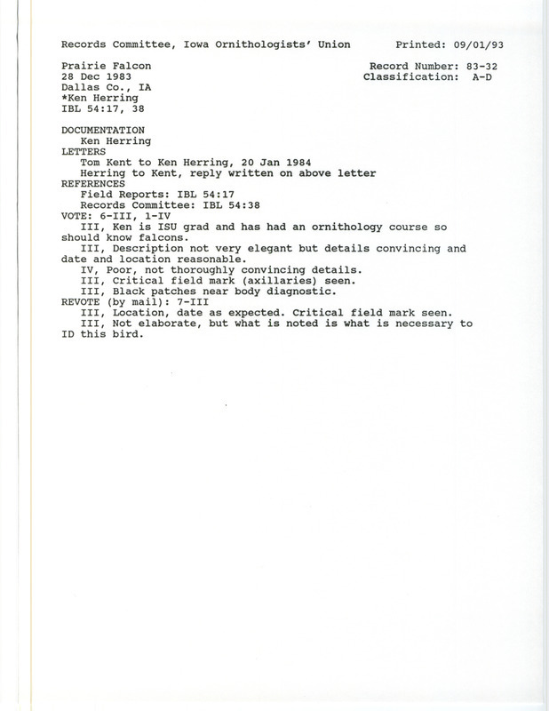 Records Committee review for a Prairie Falcon at Linn Township in Dallas County, IA on December 28, 1983. Includes a record review document with votes, letter from Thomas Kent to Ken Herring about the bird sighting on January 20, 1984, a summary of review, and a documentation form submitted to the committee.