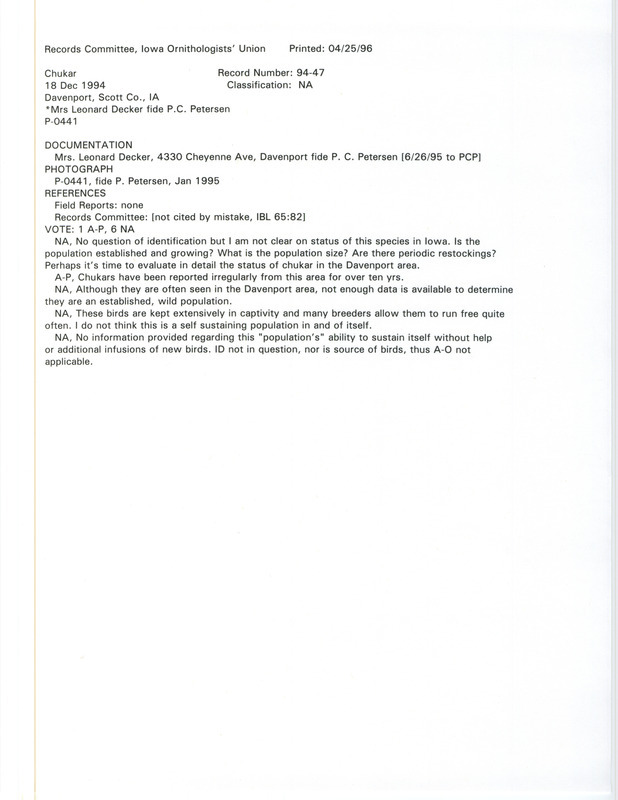 Records Committee review for seven Chukars at Davenport in Scott County, IA on December 18, 1994. Includes a record review document with votes and a documentation form submitted to the committee.