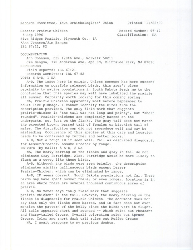 Records Committee review of six Greater Prairie-Chickens at Five Ridges Prairie in Plymouth County, IA on September 6, 1996. Includes a record review document with votes and a documentation form submitted to the committee.