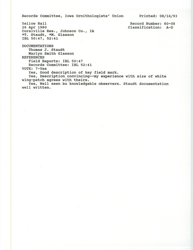 Records Committee review of a Yellow Rail near Coralville Reservoir in Johnson County, IA on April 28, 1980. Includes a record review document with votes and two documentation forms submitted to the committee.