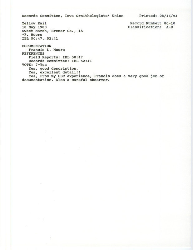 Records Committee review of a Yellow Rail at Sweet March in Bremer County, IA on May 18, 1980. Includes a record review document with votes, a map of the sighting area, and a documentation form submitted to the committee.