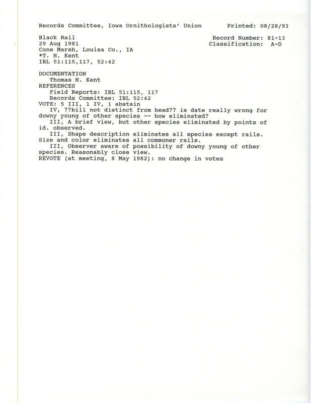 Records Committee review of a Black Rail at Cone March in Louisa County, IA on August 29, 1981. Includes a record review document with votes and a documentation form submitted to the committee.