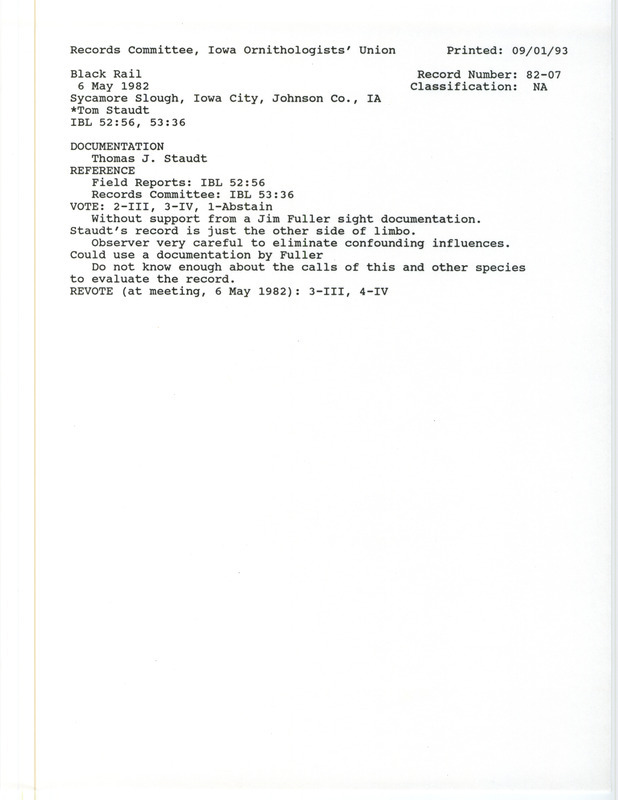 Records Committee review for a Black Rail at Sycamore Slough in Iowa City in Johnson County, IA on May 6, 1982. Includes a record review document with votes, the original sighting record found in the field report by Thomas J. Staudt, and a summary of the review.