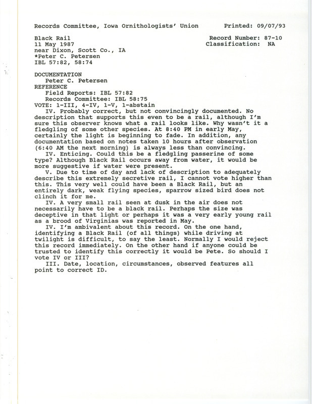 Records Committee review of a Black Rail near Dixon in Scott County, IA on May 11, 1987. Includes a record review document with votes and a documentation form submitted to the committee.