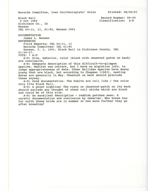 Records Committee review of a Black Rail at McBreen March Wildlife Area in Dickinson County, IA on October 8, 1989. Includes a record review document with votes, an article in Iowa Bird Life, and a documentation form submitted to the committee.