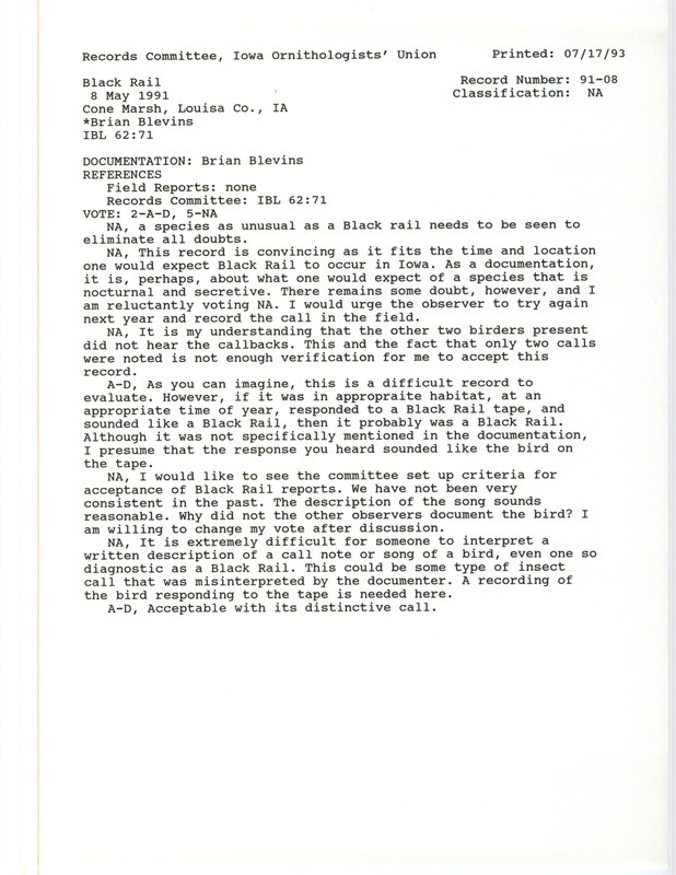 Records Committee review of a Black Rail at Cone March in Louisa County, IA on May 8, 1991. Includes a record review document with votes and a documentation form submitted to the committee.