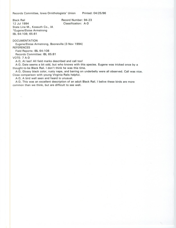 Records Committee review of a Black Rail at State Line March in Kossuth County, IA on July 12, 1994. Includes a record review document with votes and a documentation form submitted to the committee.