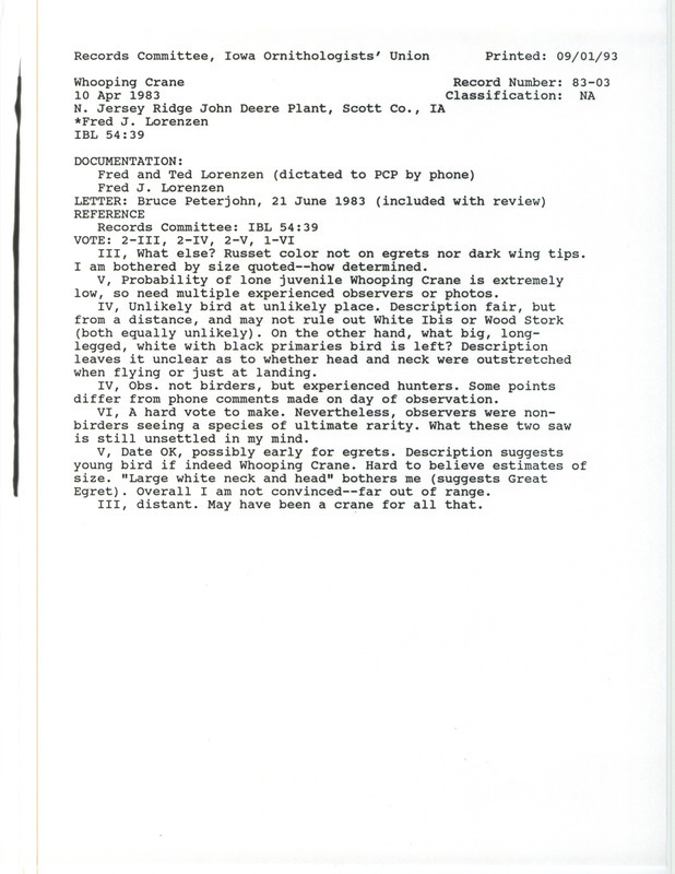 Records Committee review of a Whooping Crane east of Davenport in Scott County, IA on April 10, 1983. Includes a record review document with votes, a summary of the review, correspondence about bird sightings from Bruce Peterjohn to Tom Kent, and two documentation forms submitted to the committee.