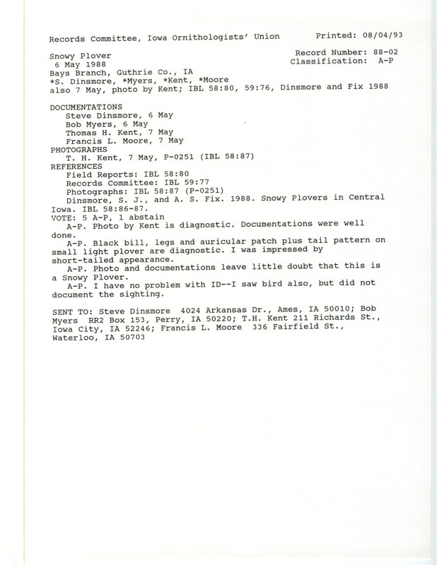 Records Committee review of a Snowy Plover at Bays Branch Wildlife Management Area in Guthrie County, IA on May 6, 1988. Includes a record review document with votes, an article of Iowa Bird Life, and three documentation forms submitted to the committee.