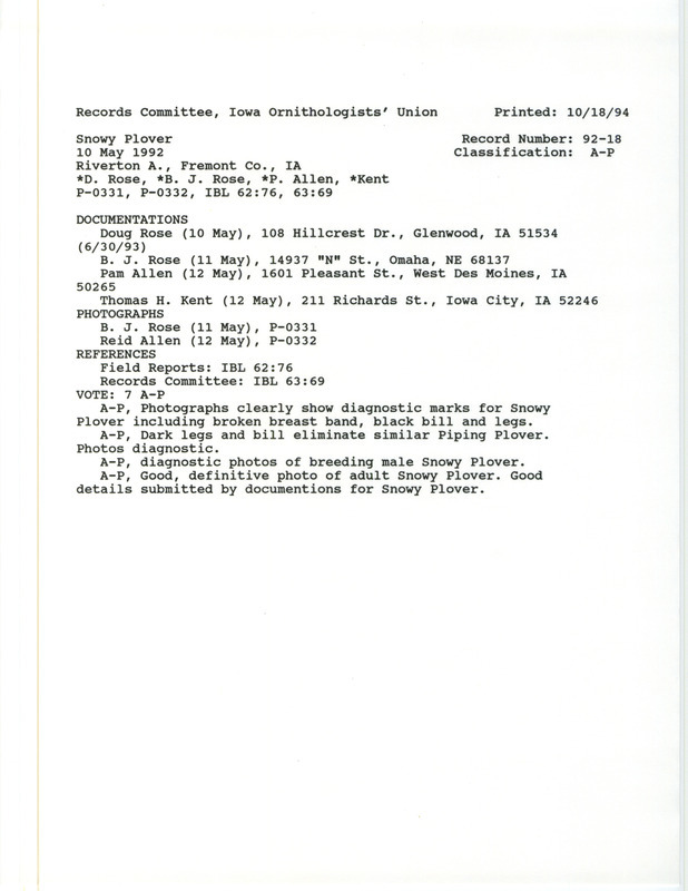 Records Committee review of a Snowy Plover at Riverton Wildlife Management Area in Fremont County, IA on May 10, 1992. Includes a record review document with votes, two photographs, and four documentation forms submitted to the committee.