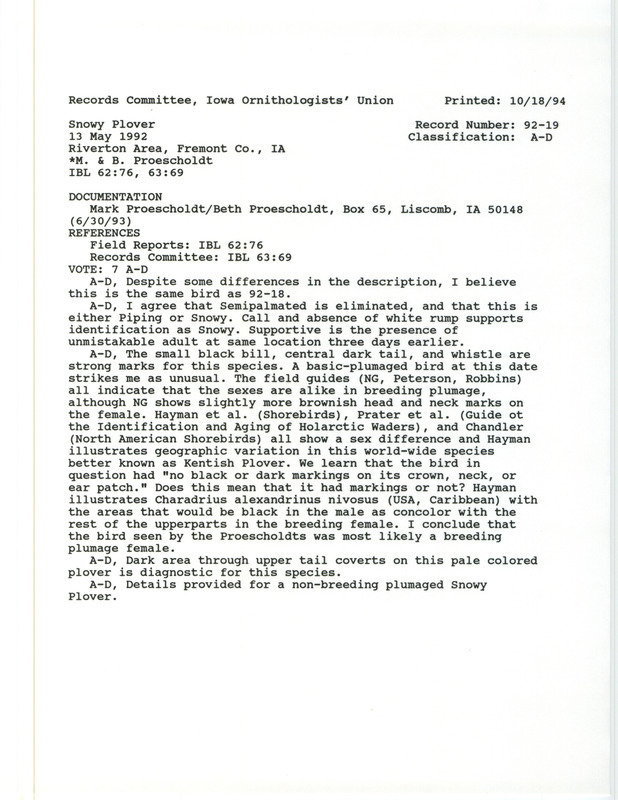 Records Committee review of a Snowy Plover at Riverton Wildlife Area in Fremont County, IA on May 13, 1992. Includes a record review document with votes and a documentation form submitted to the committee.