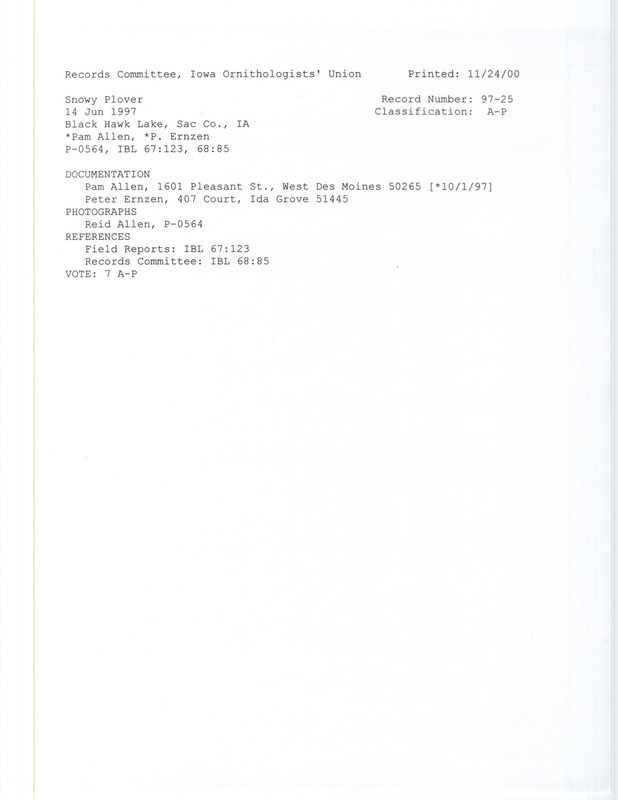 Records Committee review of a Snowy Plover east of Black Hawk Lake in Sac County, IA on June 14, 1997. Includes a record review document with votes, two photos, and two documentation forms submitted to the committee.