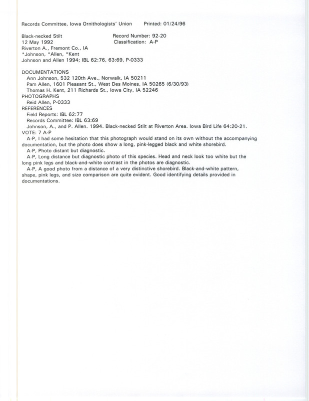 Records Committee review of a Black-necked Stilt at Riverton Area in Fremont County, IA on May 12, 1992. Includes a record review document with votes, an article in Iowa Bird Life, a photo, and three documentation forms submitted to the committee.