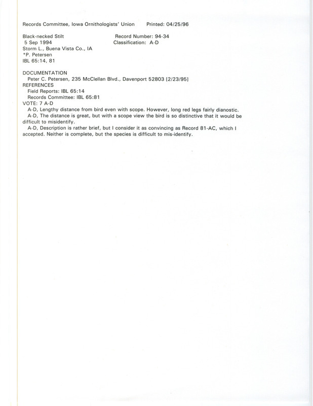 Records Committee review of two Black-necked Stilts at Storm Lake in Buena Vista County, IA on September 5, 1994. Includes a record review document with votes and a documentation form submitted to the committee.