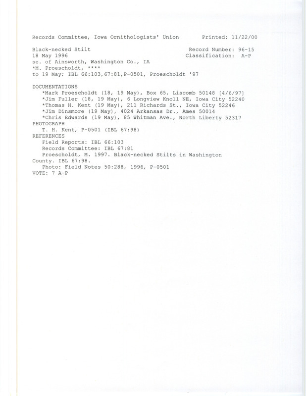 Records Committee review of three Black-necked Stilts south of Ainsworth in Washington County, IA on May 18, 1996. Includes a record review document with votes, two photos, an article in Iowa Bird Life, an article in Field Notes, and five documentation forms submitted to the committee.