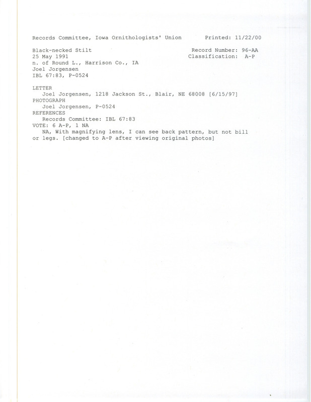 Records Committee review for a Black-necked Stilt north of Round Lake in Harrison County, IA on May 25, 1991. Includes a record review document with votes and the original sighting record found in the letter with a photograph from Joel Jorgensen about the bird sighting with an account of a Prairie Warbler sighting.