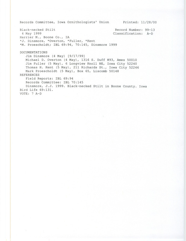 Records Committee review of two Black-necked Stilts at Harrier March in Boone County in May 4, 1999. Includes a record review document with votes and five documentation forms submitted to the committee.