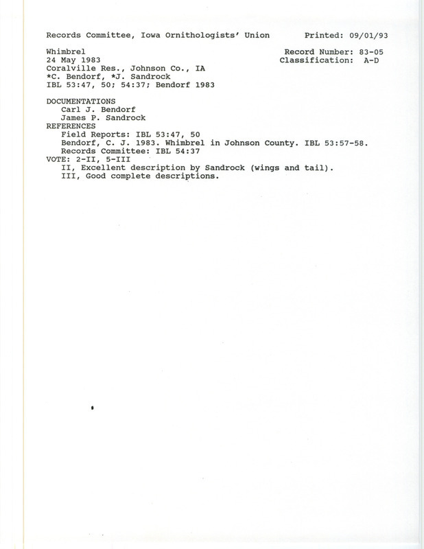 Records Committee review of a Whimbrel north of Swan Lake in Johnson County, IA on May 24, 1983. Includes a record review document with votes, an article in Iowa Bird Life, a summary of the review, and two documentation forms submitted to the committee.