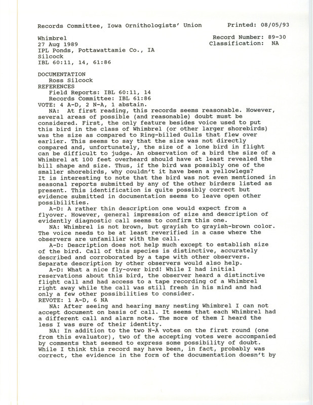 Records Committee review of a Whimbrel at the MidAmerican Energy Ponds in Pottawattamie County, IA on August 27, 1989. Includes a record review document with votes and a documentation form submitted to the committee.