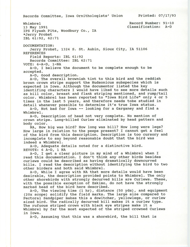 Records Committee review of a Whimbrel at MidAmerican Energy Ponds in Woodbury County, IA on May 13, 1991. Includes a record review document with votes and a documentation form submitted to the committee.