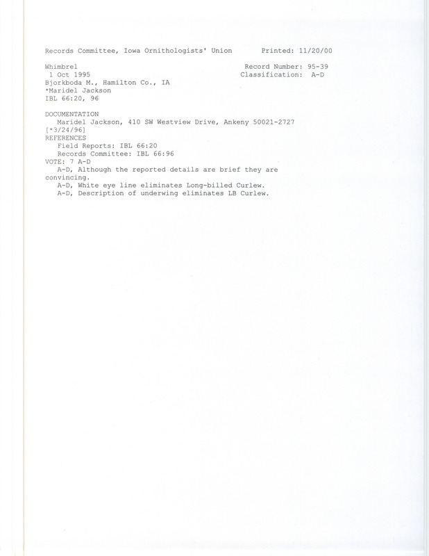 Records Committee review for a Whimbrel at Bjorkboda March in Hamilton County, IA on October 1, 1995. Includes one record review document with votes and a documentation form submitted to the committee.