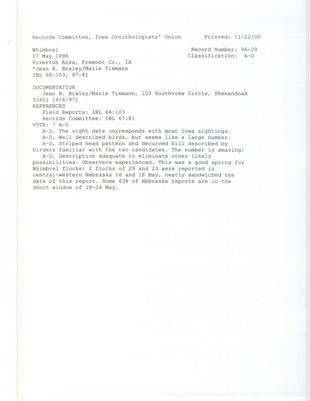 Records Committee review of eight plus Whimbrels at Riverton Wildlife Management Area in Fremont County, IA on May 17, 1996. Includes a record review document with votes and a documentation form submitted to the committee.